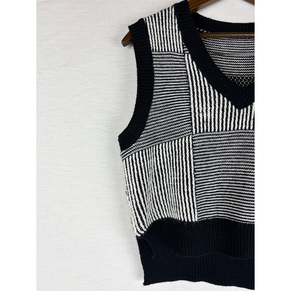 SHEIN Black White Geometric Patchwork Knit Sweater Vest V-Neck Striped Small - Picture 5 of 14